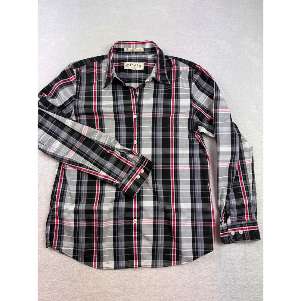 Orvis Womens Plaid Long Sleeve Button Down Shirt Black Red Size 6